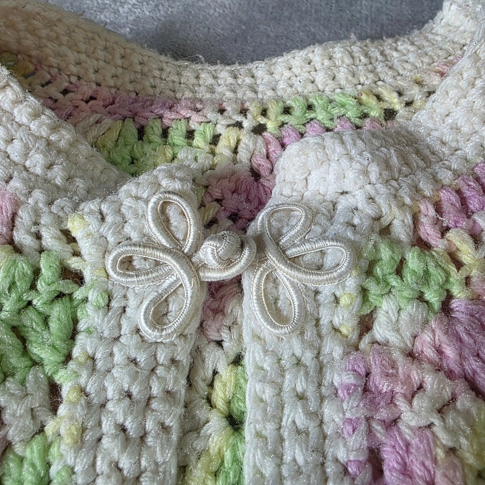 Hand Knit Crochet Sweater Poncho Women OS Green Pink Cottagecore Granny - Picture 4 of 4